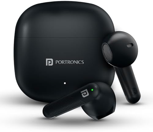 Portronics Harmonics Twins S16 Wireless Earbuds: 24-Hour Playtime, Clear Calls, Gaming, Low Latency, Bluetooth 5.3, LED Display, Type-C Fast Charging in Black