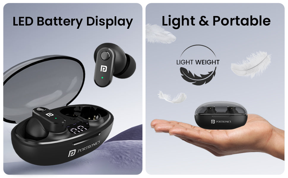 Portronics Harmonics Twins S16 Wireless Earbuds: 24-Hour Playtime, Clear Calls, Gaming, Low Latency, Bluetooth 5.3, LED Display, Type-C Fast Charging in Black