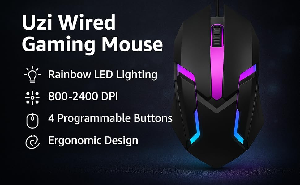 Dezful Uzi Wired Gaming Mouse with Rainbow LED Light for PC/Laptop/Desktop
