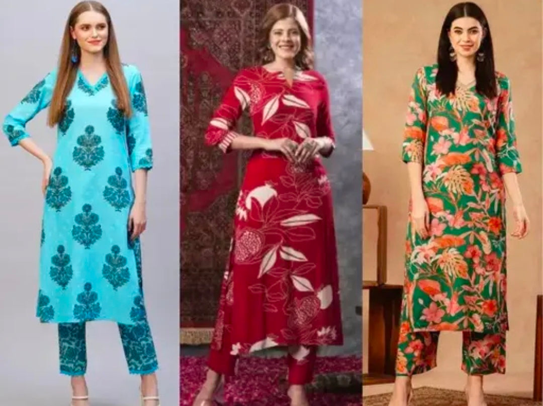 Women's cotton partywear kurti with pant set ( pack of 3 )