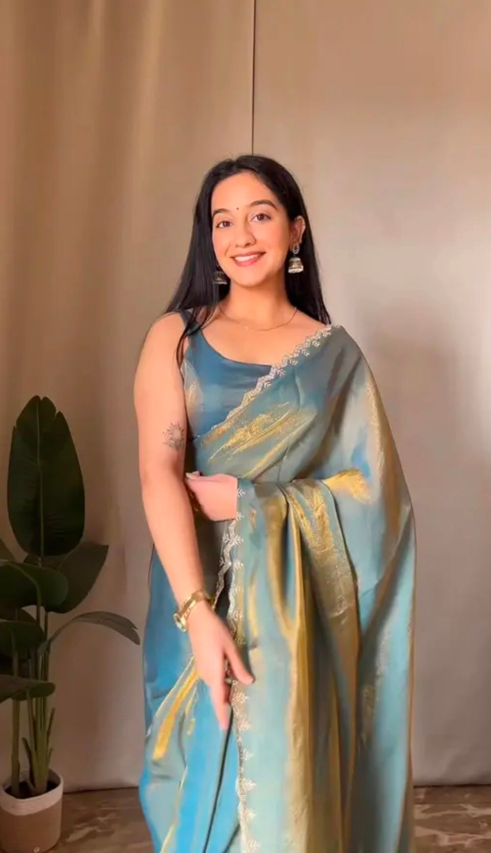 Trending Beautiful Fully BEADS STONES Work Jimmy - Choo Saree With Same Colour Attractive Blouse Piece