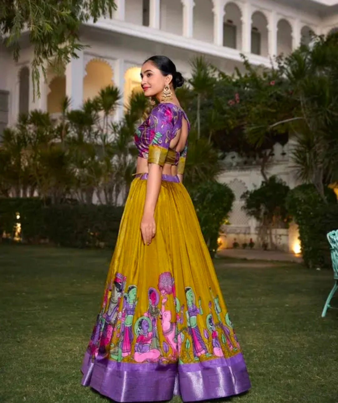 Mustard Color Kalamkari Printed With Zari Weaving Border Dola Silk Lehenga Choli