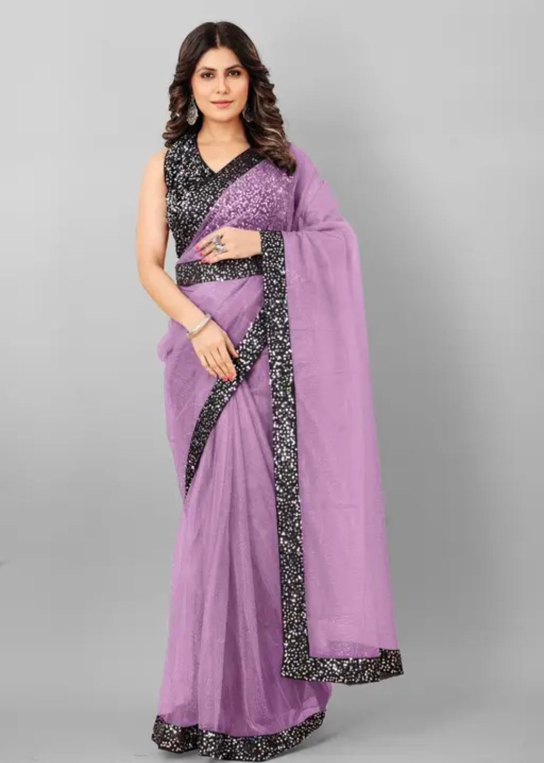 PLERIZA Women's Net Embroidered Sequence Work With Attractive belt sariii and Unstitched Blouse Piece