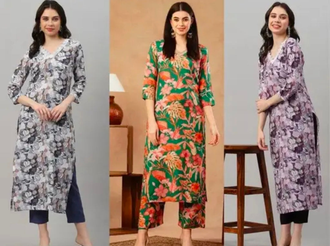 Women's cotton partywear kurti with pant set ( pack of 3 )
