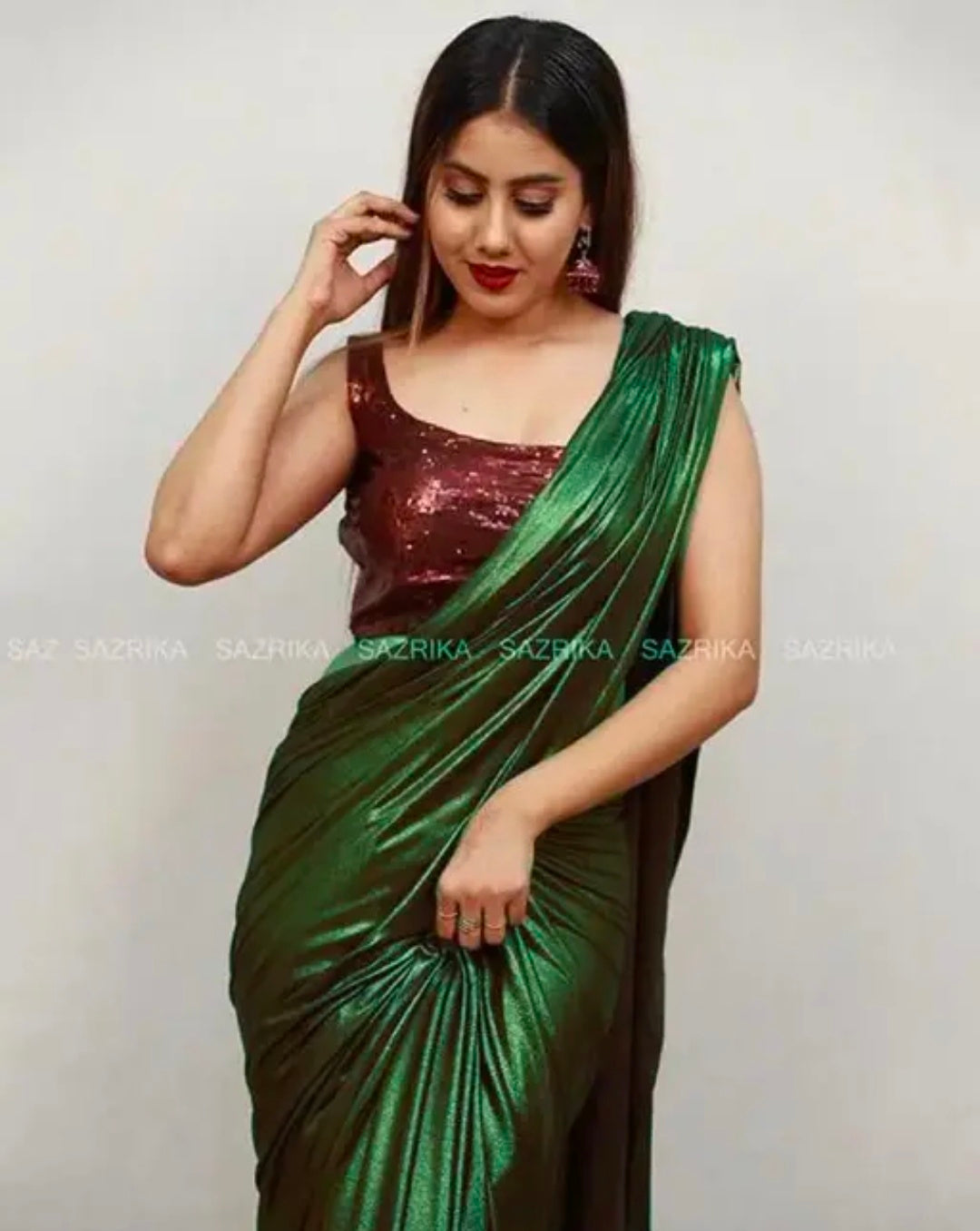 The Fashionology, Women's Plain Lycra Silk Saree With Unstitched Blouse Piece | Bollywood Style, Party/Casual Wear Saree | Length 5.5 Meter | Get a Free Golden Belt | With a Free Scrunchies