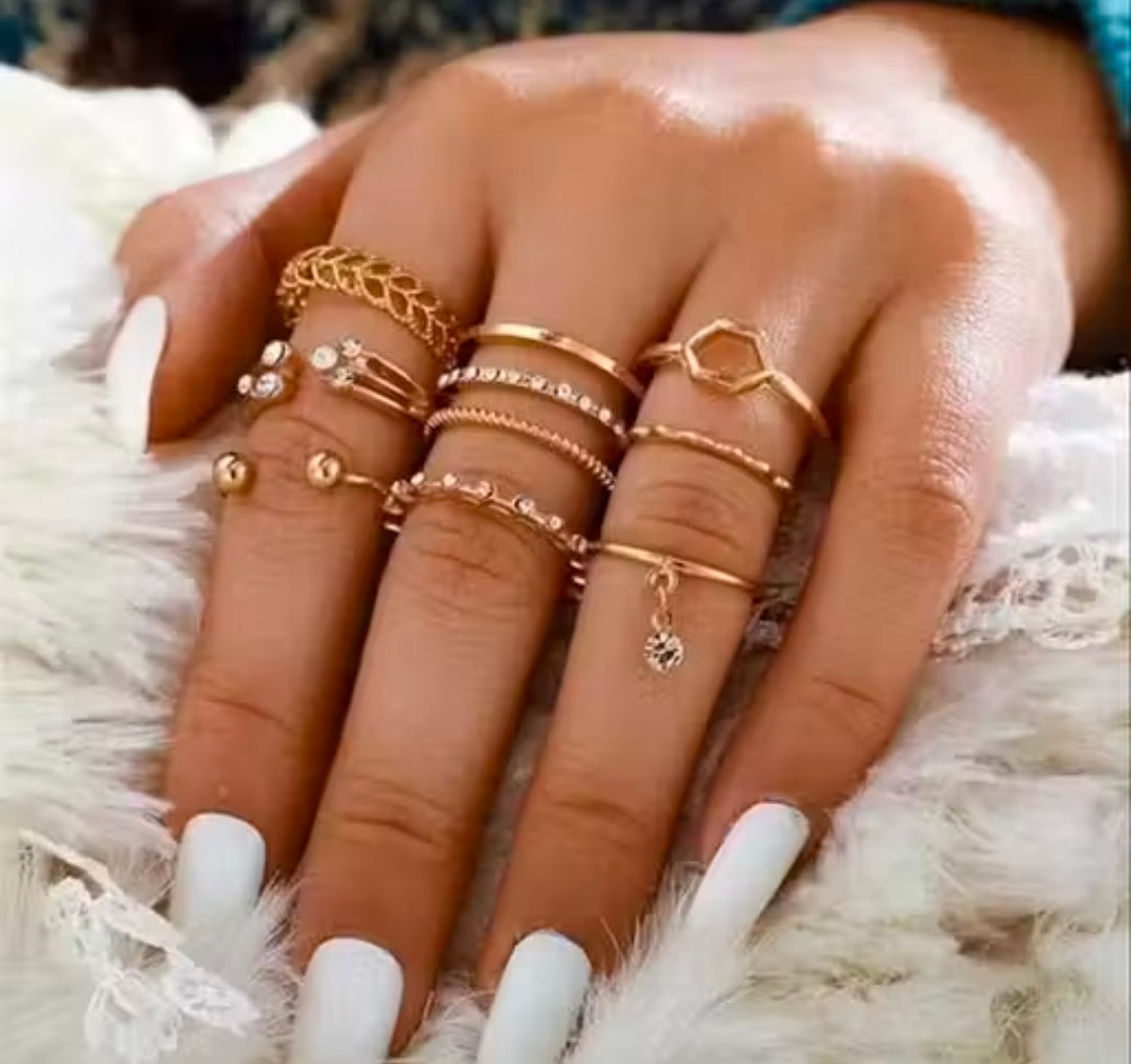 Vembley Gold Plated 8 Piece White Crystal Drop Heart Multi Designs Ring Set For Women & Girls