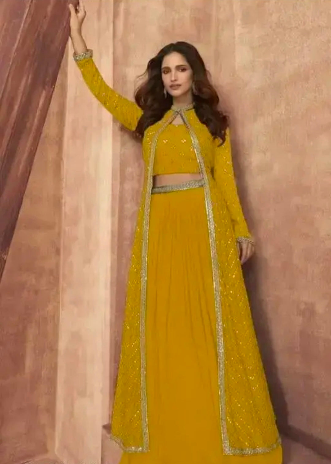 Fox Gorgette crop top an lehanga Set With Stiched Embrodery Jacket fox georgette lehenga set| crop top lehenga set| embroidered jacket lehenga| designer lehenga set| festive wear lehenga| party wear lehenga| traditional lehenga set| women’s lehenga set| e