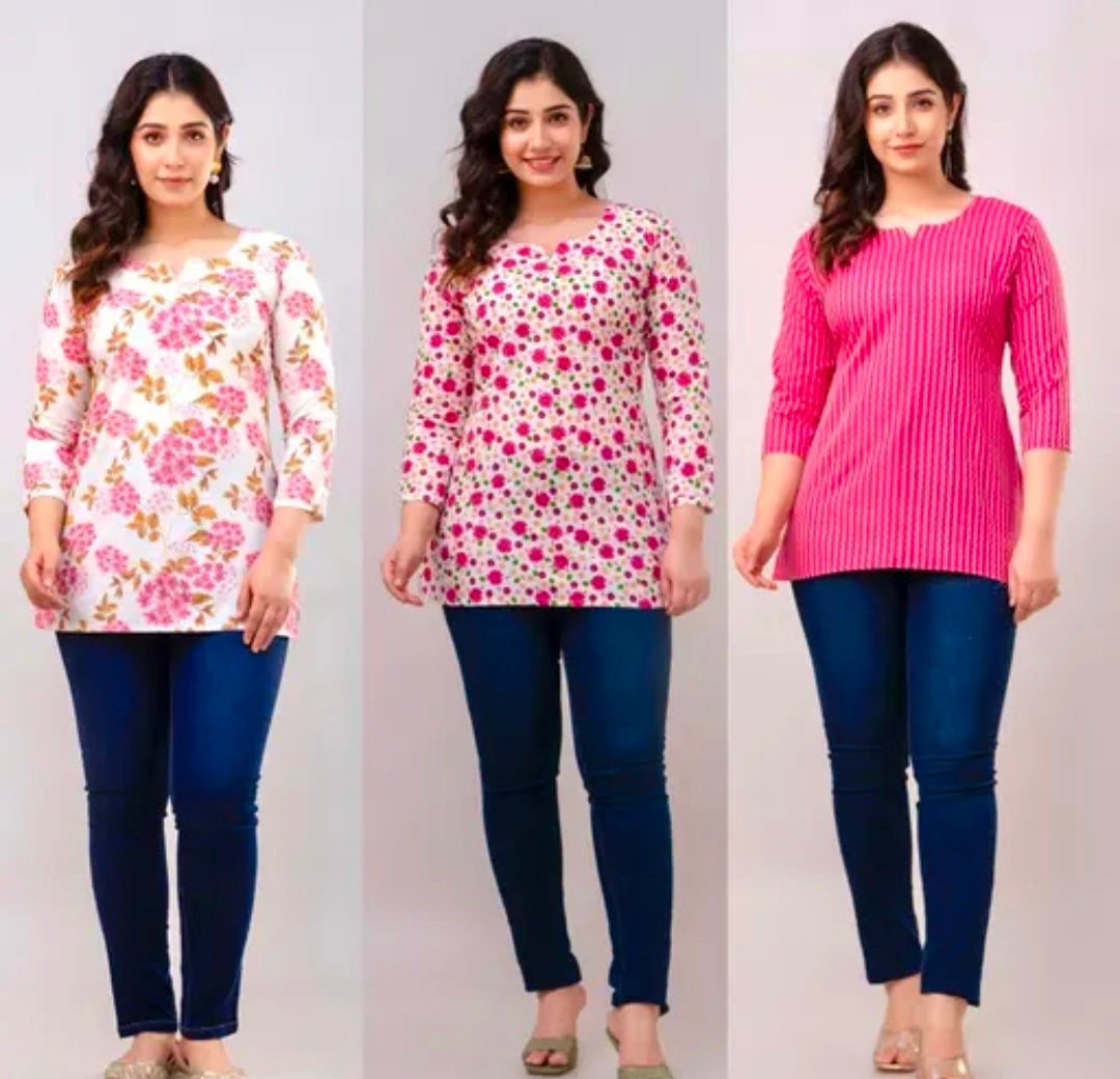 Women’s Short Printed Kurti Pack of 3 Cotton Casual Combo for Women
