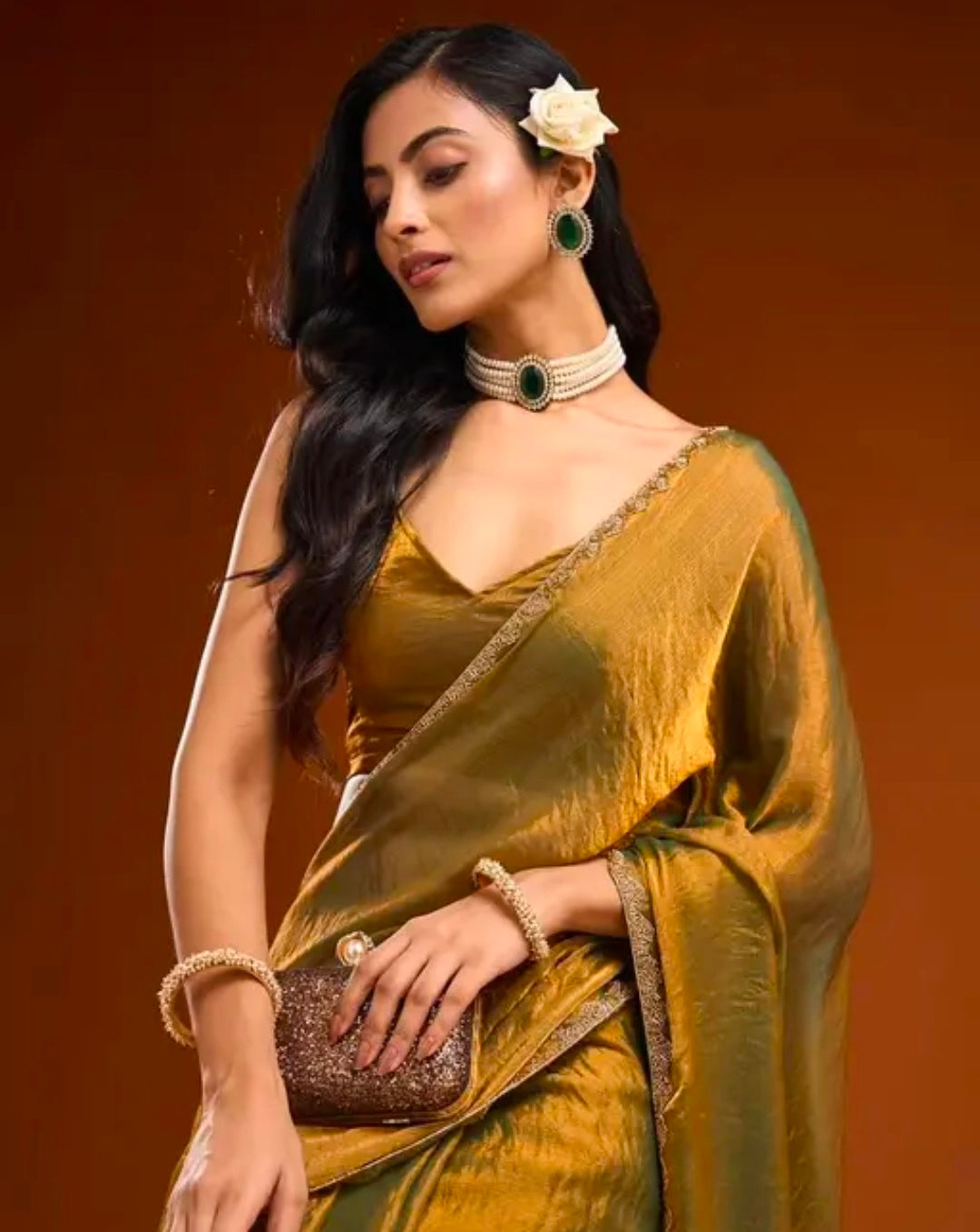 Gold & Rama Green Two-Tone Soft Fancy Chiffon Silk Designer Saree with Beads & Stones, Gumming Lace Border, Embellished Partywear Wedding Sari for Festivals, Marriage, Gatherings – 6.3 Meter Length Including Running Blouse Piece – Lace Work Bollywood-Insp
