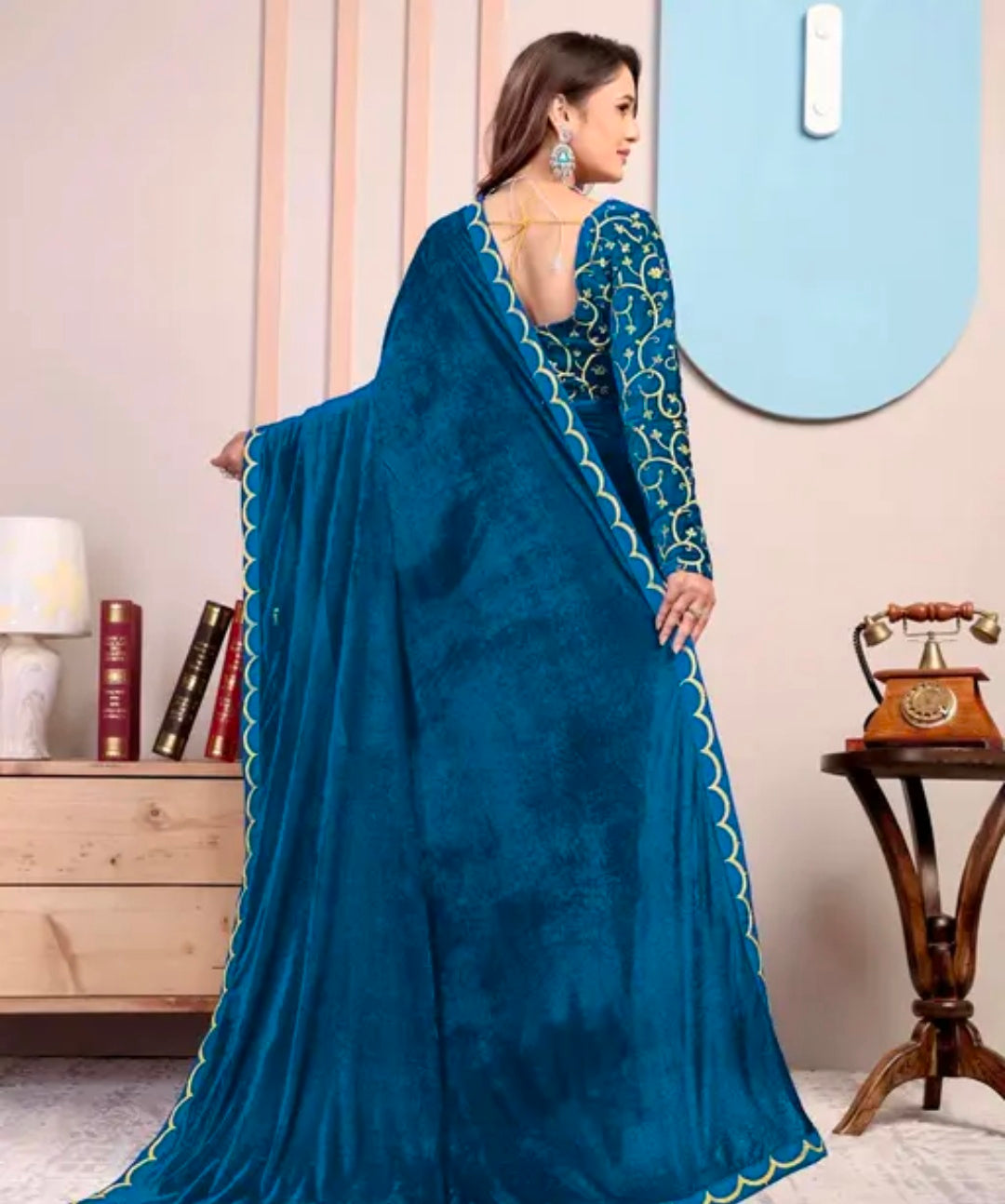 Dream Crushers Velvet Saree for Women with Embroidered Blouse Piece | Designer Lace Border Saree for Festival | Soft Velvet Fabric with Elegant Detailing