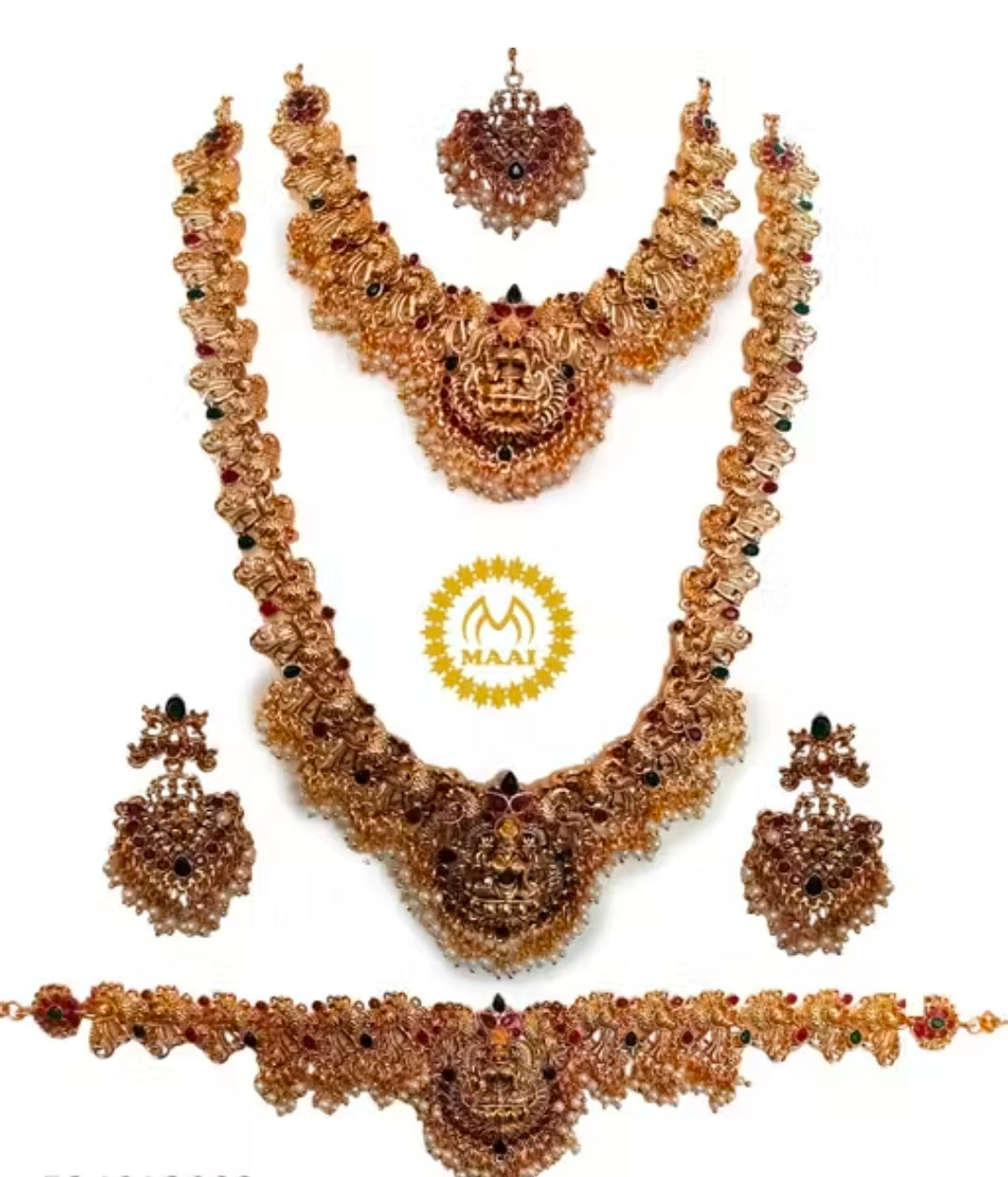 MAAI Exquisite Matte Gold Plated Temple Necklace With Kamar belt and mang tika