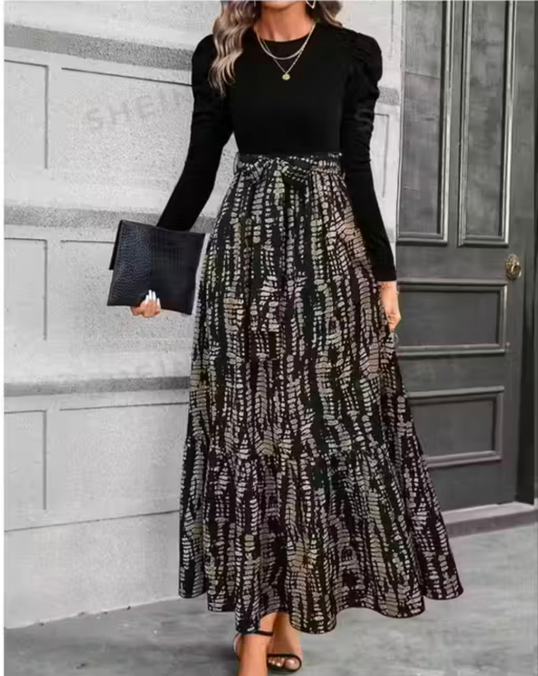 Hook i Clasi women's Autumn Dress With Bow Tie Belt,Leaf & Floral Patchwork A- Line Skirt Maxi Women Outfit
