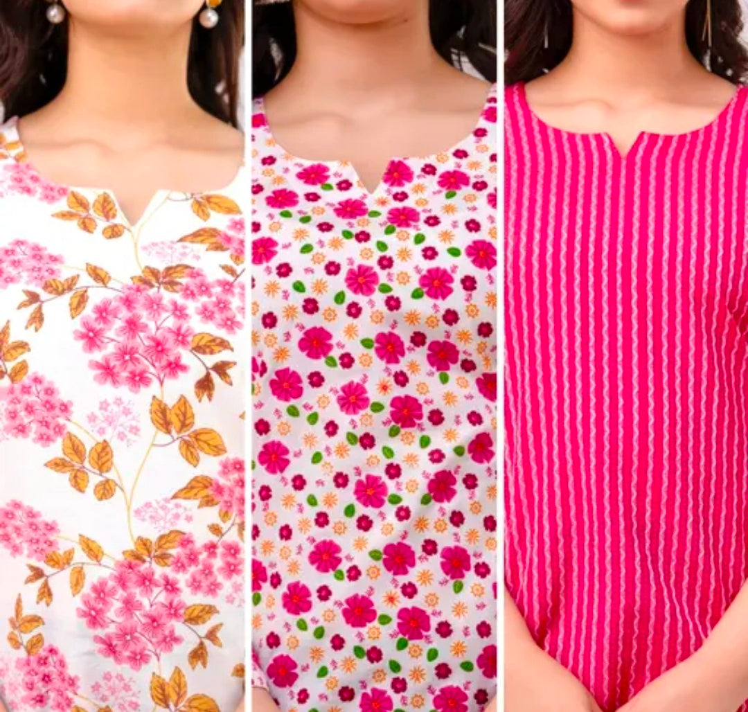 Women’s Short Printed Kurti Pack of 3 Cotton Casual Combo for Women
