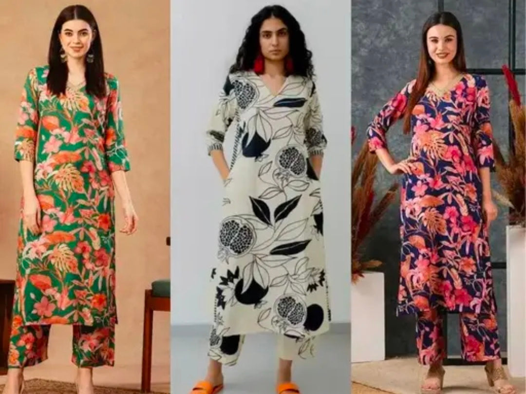 Women's cotton partywear kurti with pant set ( pack of 3 )