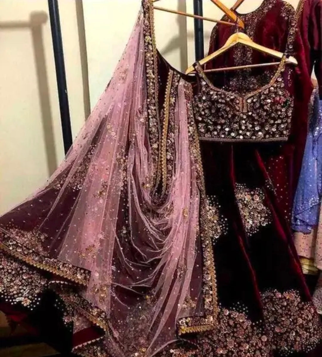 Womens Viscose Velvet Embroidered Bollywood Lehenga Choli With Blouse Piece