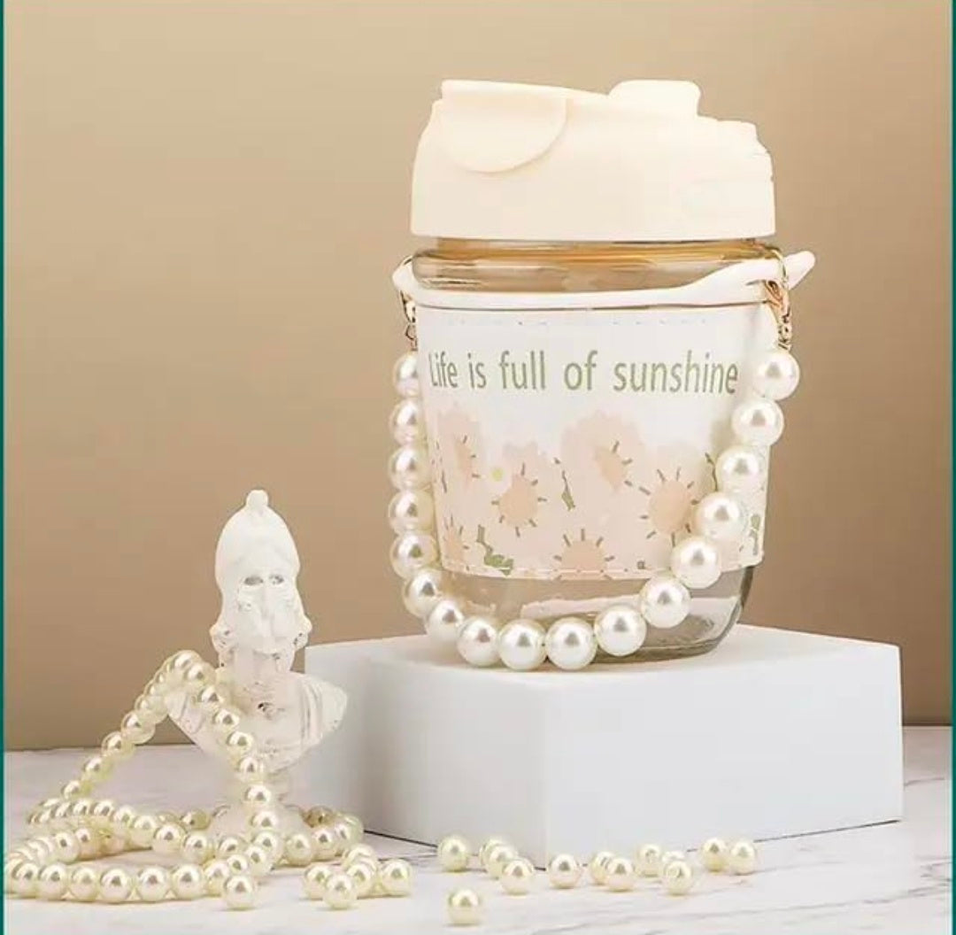 KELVEE Glass Coffee Tumbler with Lid and Straw Pack of 1, Milk Mug with Pearl Chain Belt & Leather Grip Reusable Travel Sipper Cute Mugs for Girls for Juice Smoothies iced Tea Cups, 350 Ml (Ivory)