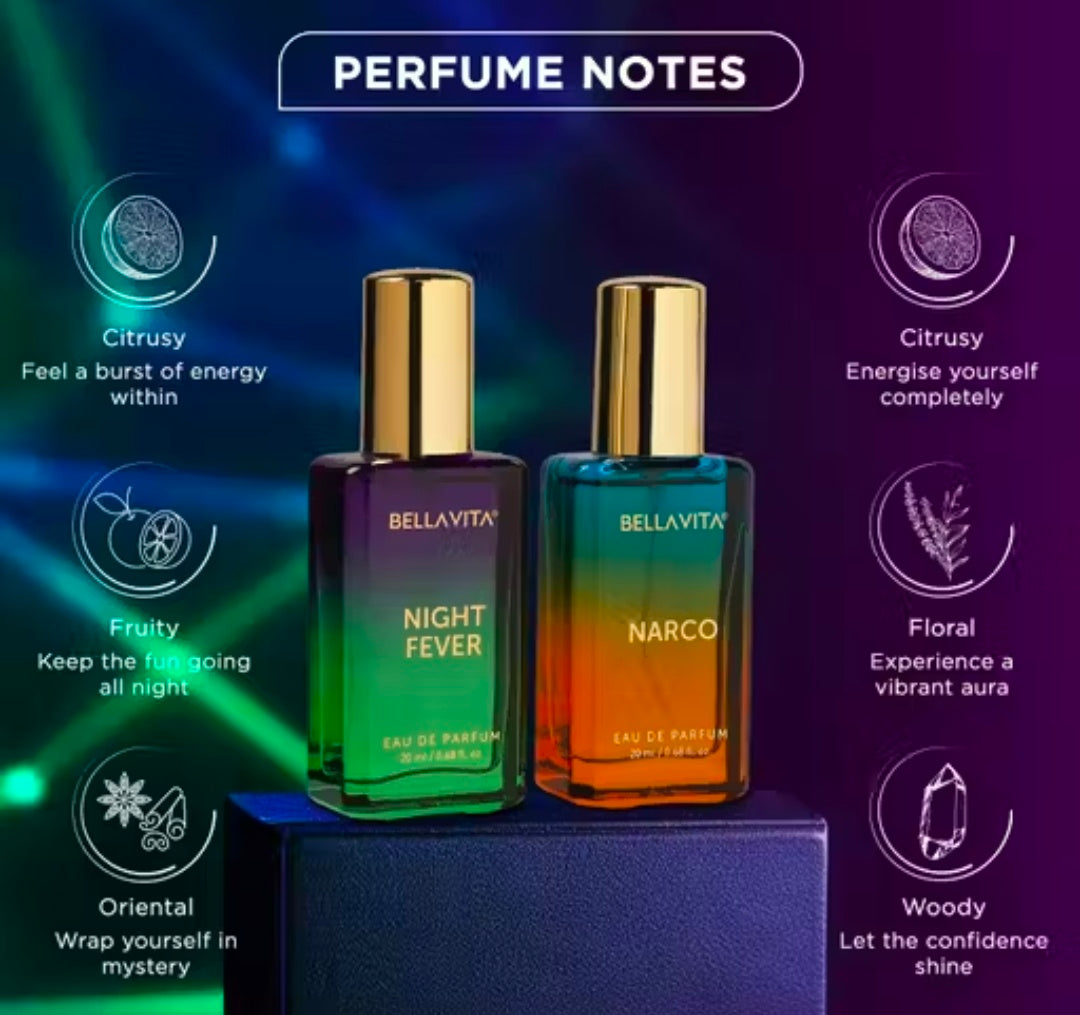 Bella Vita Unisex Night Fever + Narco EDP Perfume Combo For Men and Women 20 ml Each ( Pack of 2 items )
