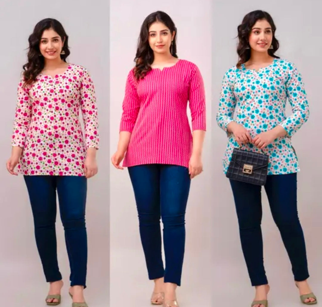 Women's Printed Short Kurti (Pack of 3) - Cotton Casual Kurtis Combo Set | Trendy, Comfortable & Stylish