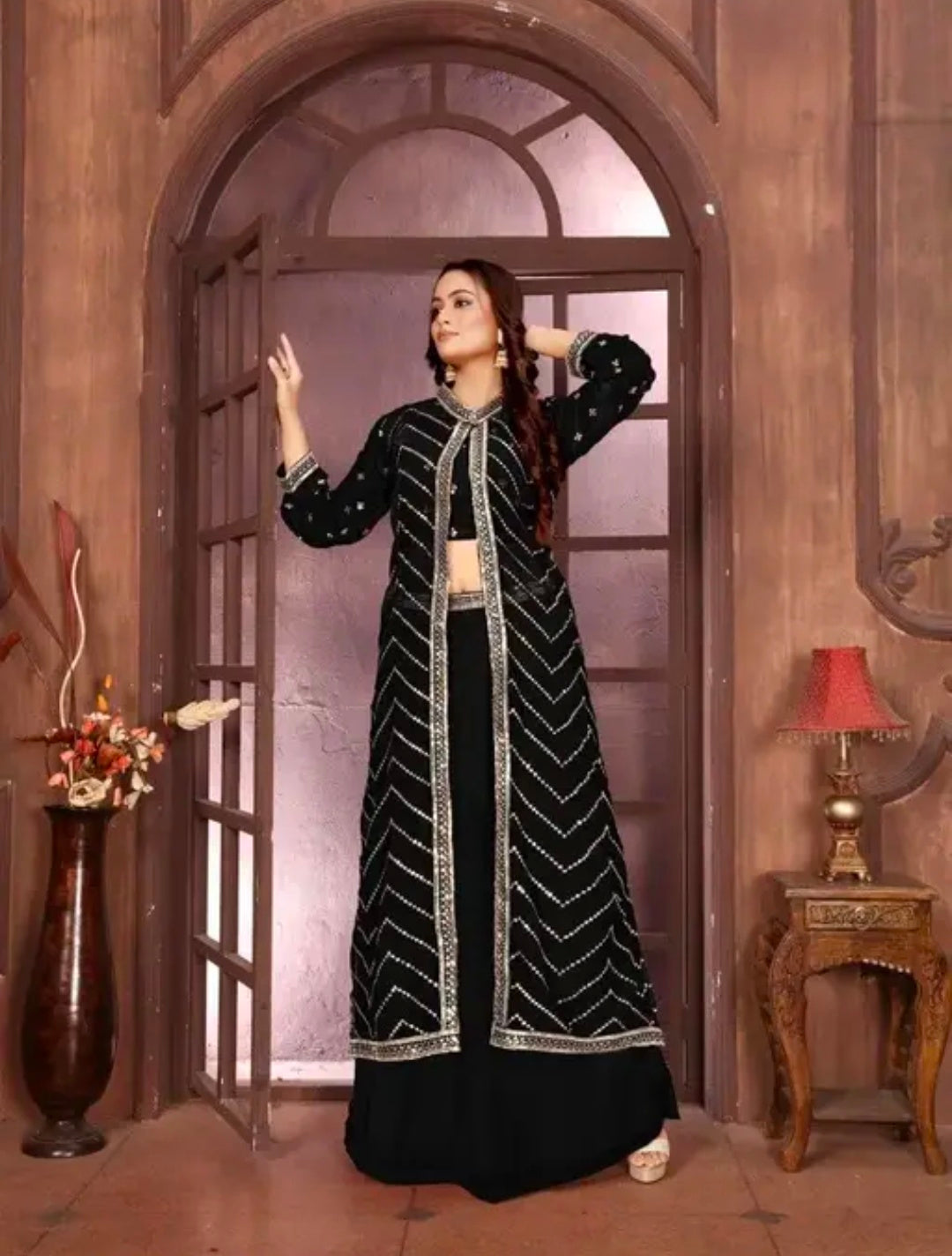 Fox Gorgette crop top an lehanga Set With Stiched Embrodery Jacket fox georgette lehenga set| crop top lehenga set| embroidered jacket lehenga| designer lehenga set| festive wear lehenga| party wear lehenga| traditional lehenga set| women’s lehenga set| e