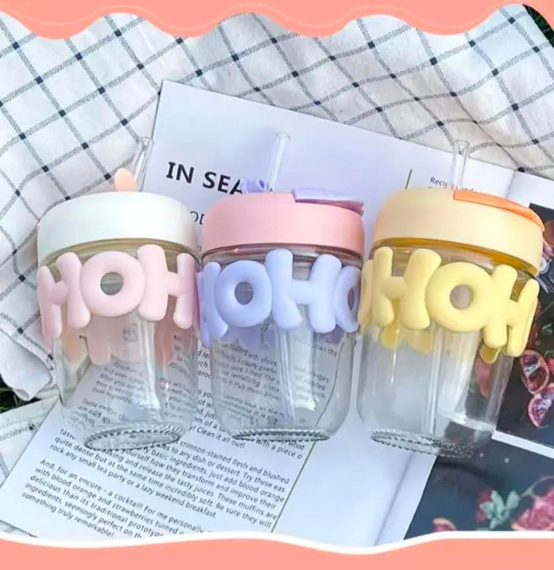 sargis Glass Tumbler Mug with Lid Silicon Sleeve/Hot and Cold Beverages Travel Bottle Smoothies Fruit Juice Jar Sipper Bottle with Straw Tea Milk Mug for Women Teen Girls, 280 milliliters, Assorted (Pack of 2)