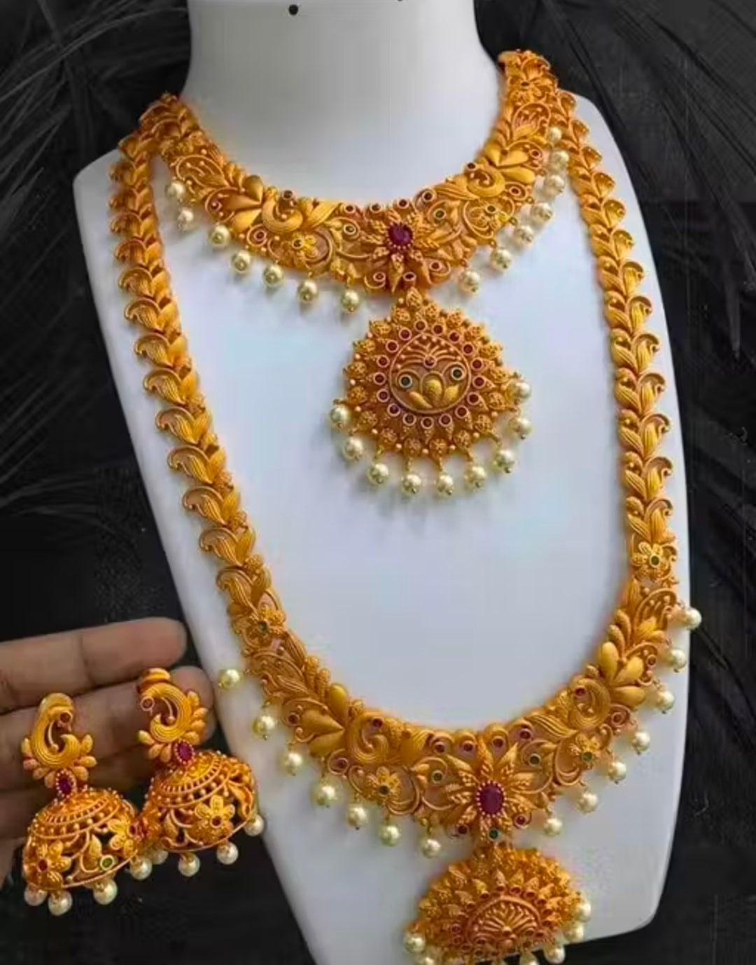 South Indian Bridal Double Necklace With Earring Jewellery Set For Indian Bride
