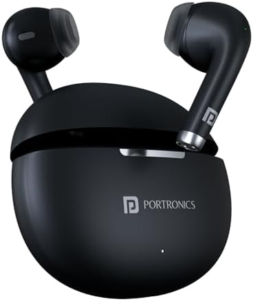 Portronics Harmonics Twins S16 Wireless Earbuds: 24-Hour Playtime, Clear Calls, Gaming, Low Latency, Bluetooth 5.3, LED Display, Type-C Fast Charging in Black