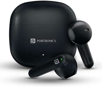 Portronics Harmonics Twins S16 Wireless Earbuds: 24-Hour Playtime, Clear Calls, Gaming, Low Latency, Bluetooth 5.3, LED Display, Type-C Fast Charging in Black