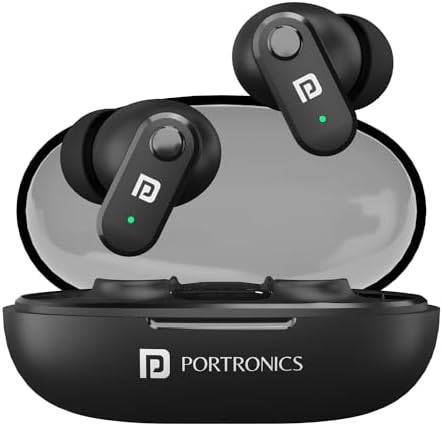 Portronics Harmonics Twins S16 Wireless Earbuds: 24-Hour Playtime, Clear Calls, Gaming, Low Latency, Bluetooth 5.3, LED Display, Type-C Fast Charging in Black