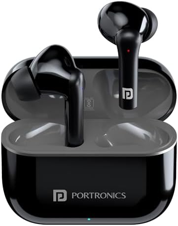 Portronics Harmonics Twins S16 Wireless Earbuds: 24-Hour Playtime, Clear Calls, Gaming, Low Latency, Bluetooth 5.3, LED Display, Type-C Fast Charging in Black
