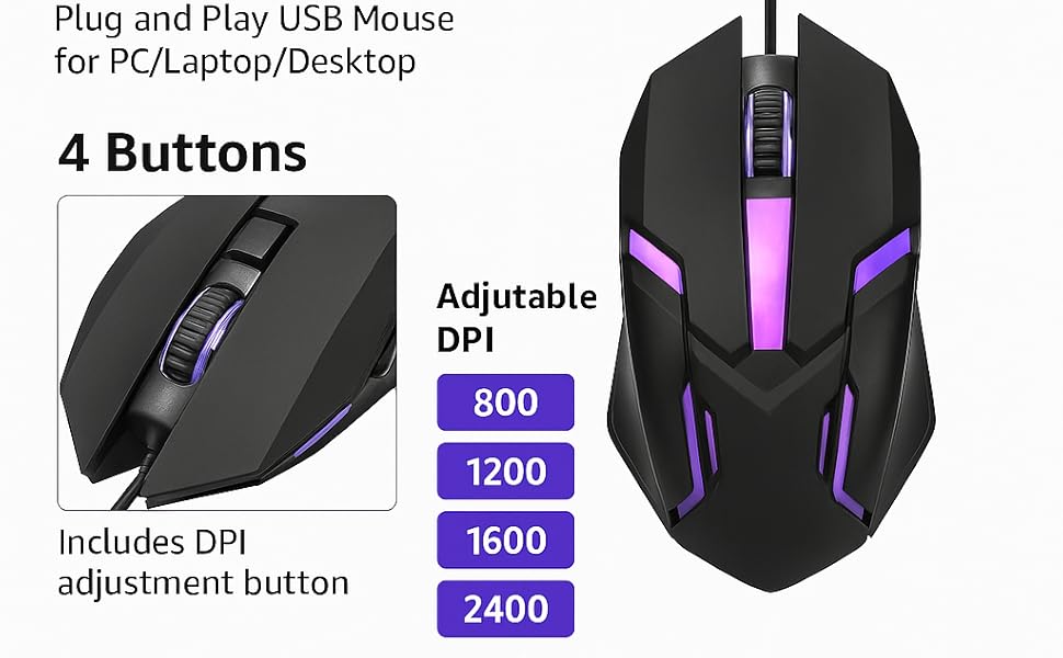 Dezful Uzi Wired Gaming Mouse with Rainbow LED Light for PC/Laptop/Desktop