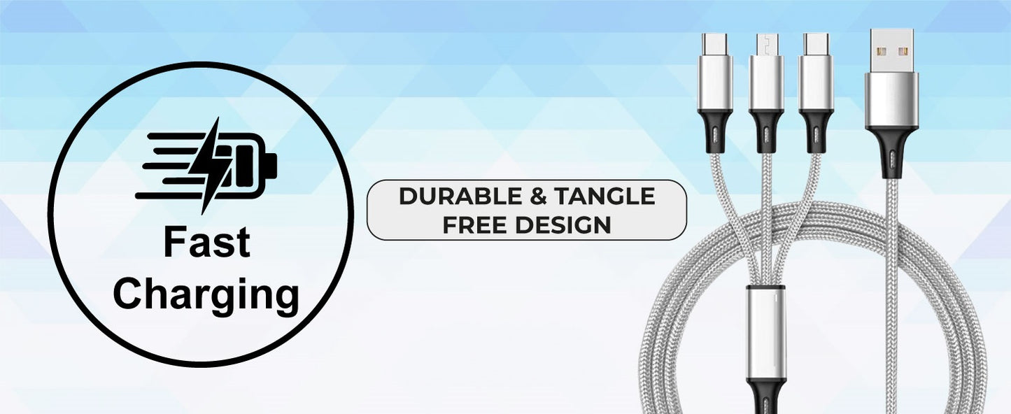 SKYCELL Unbreakable 3-in-1 Multi-Fast Charging Cable for Car, iPhone, iPad, Samsung