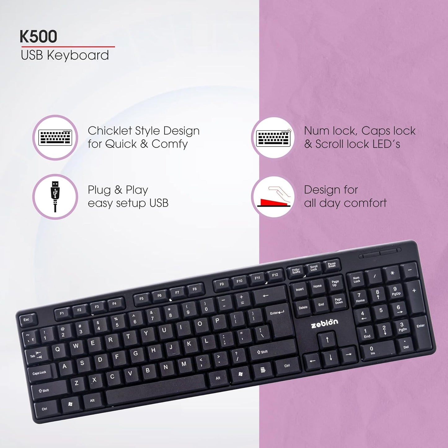 Zebion K500 USB Keyboard: Rugged, Ergonomic, 5 Million Keystrokes, Clicky-Touch Feel
