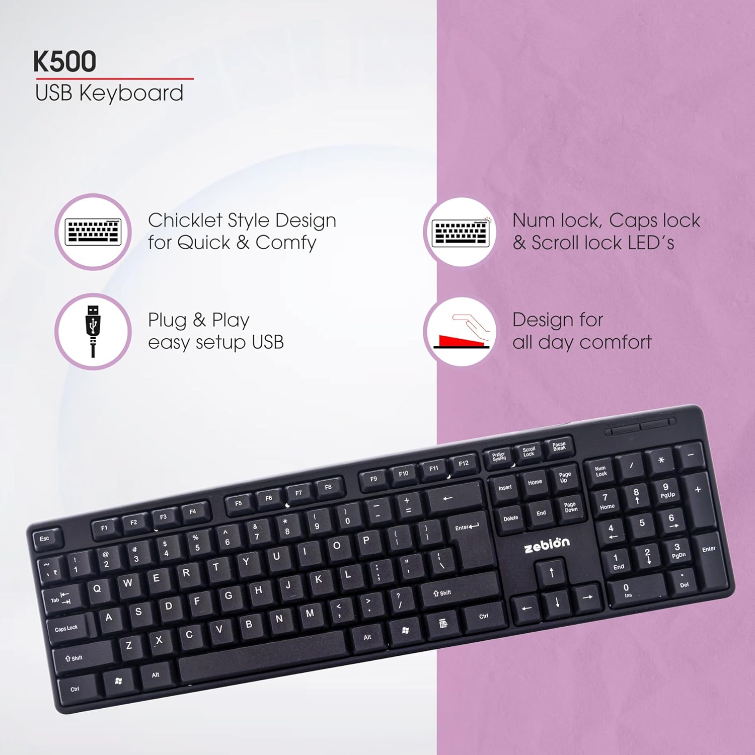 Zebion K500 USB Keyboard: Rugged, Ergonomic, 5 Million Keystrokes, Clicky-Touch Feel