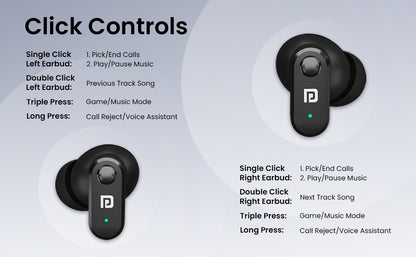 Portronics Harmonics Twins S16 Wireless Earbuds: 24-Hour Playtime, Clear Calls, Gaming, Low Latency, Bluetooth 5.3, LED Display, Type-C Fast Charging in Black