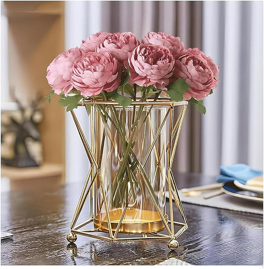 Elegant Gold Geometric Metal Vase with Glass Insert for Home Decor