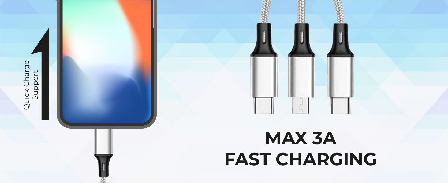 SKYCELL Unbreakable 3-in-1 Multi-Fast Charging Cable for Car, iPhone, iPad, Samsung
