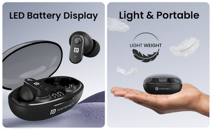 Portronics Harmonics Twins S16 Wireless Earbuds: 24-Hour Playtime, Clear Calls, Gaming, Low Latency, Bluetooth 5.3, LED Display, Type-C Fast Charging in Black
