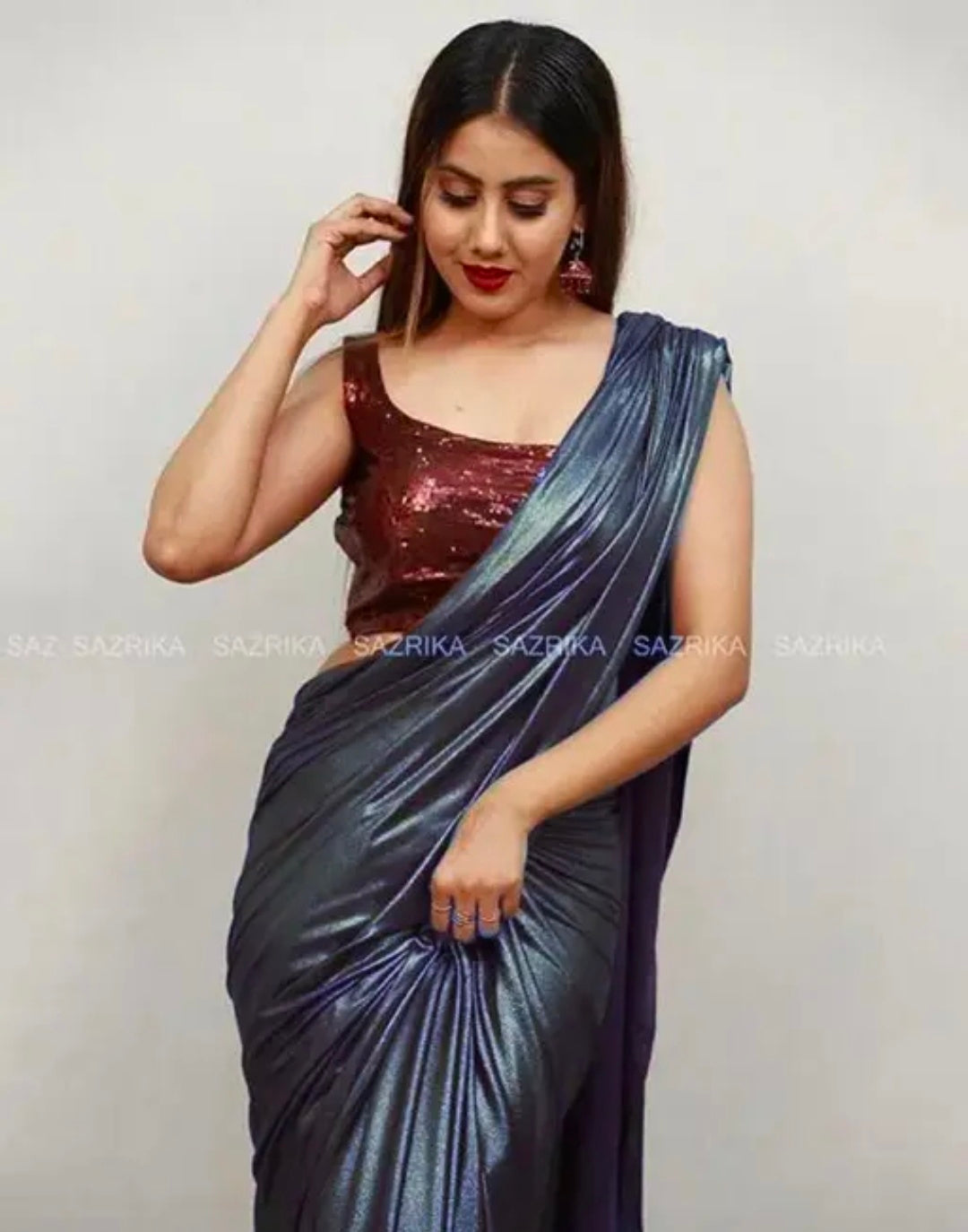 The Fashionology, Women's Plain Lycra Silk Saree With Unstitched Blouse Piece | Bollywood Style, Party/Casual Wear Saree | Length 5.5 Meter | Get a Free Golden Belt | With a Free Scrunchies