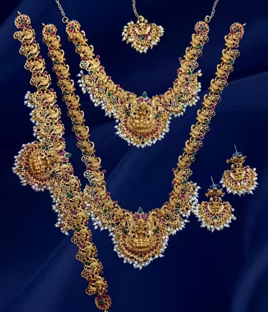 MAAI Exquisite Matte Gold Plated Temple Necklace With Kamar belt and mang tika