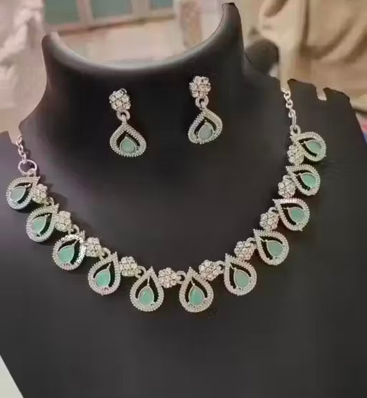 Willanzy Rhodium Patted Necklace Jewellery Set In Pista Green Colour