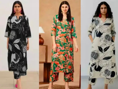 Women's cotton partywear kurti with pant set ( pack of 3 )