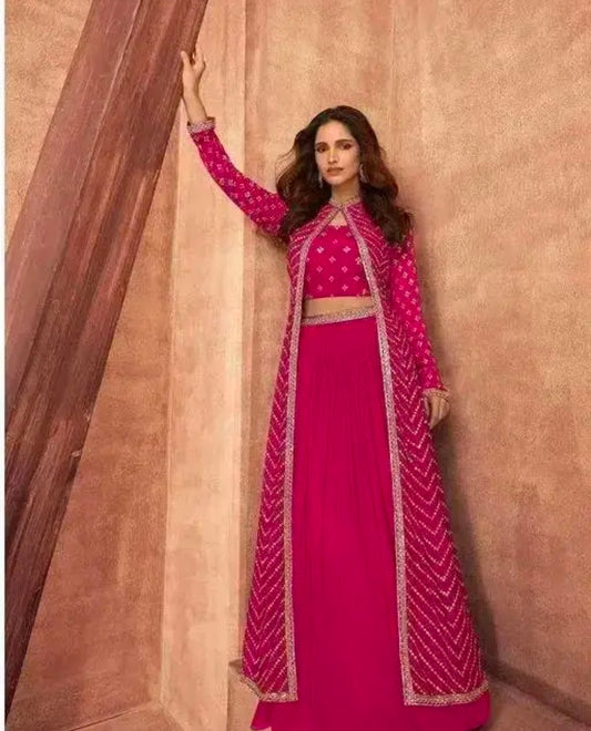 Fox Gorgette crop top an lehanga Set With Stiched Embrodery Jacket fox georgette lehenga set| crop top lehenga set| embroidered jacket lehenga| designer lehenga set| festive wear lehenga| party wear lehenga| traditional lehenga set| women’s lehenga set| e