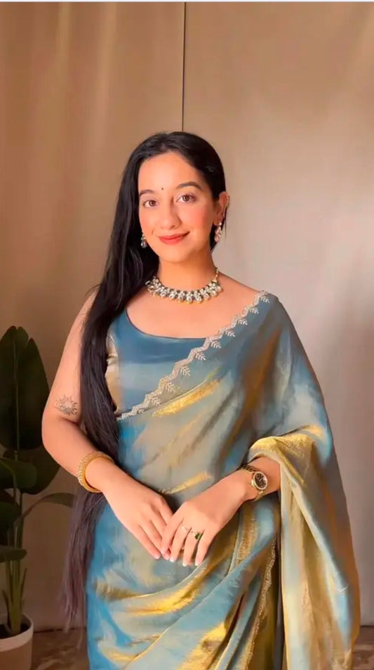 Trending Beautiful Fully BEADS STONES Work Jimmy - Choo Saree With Same Colour Attractive Blouse Piece