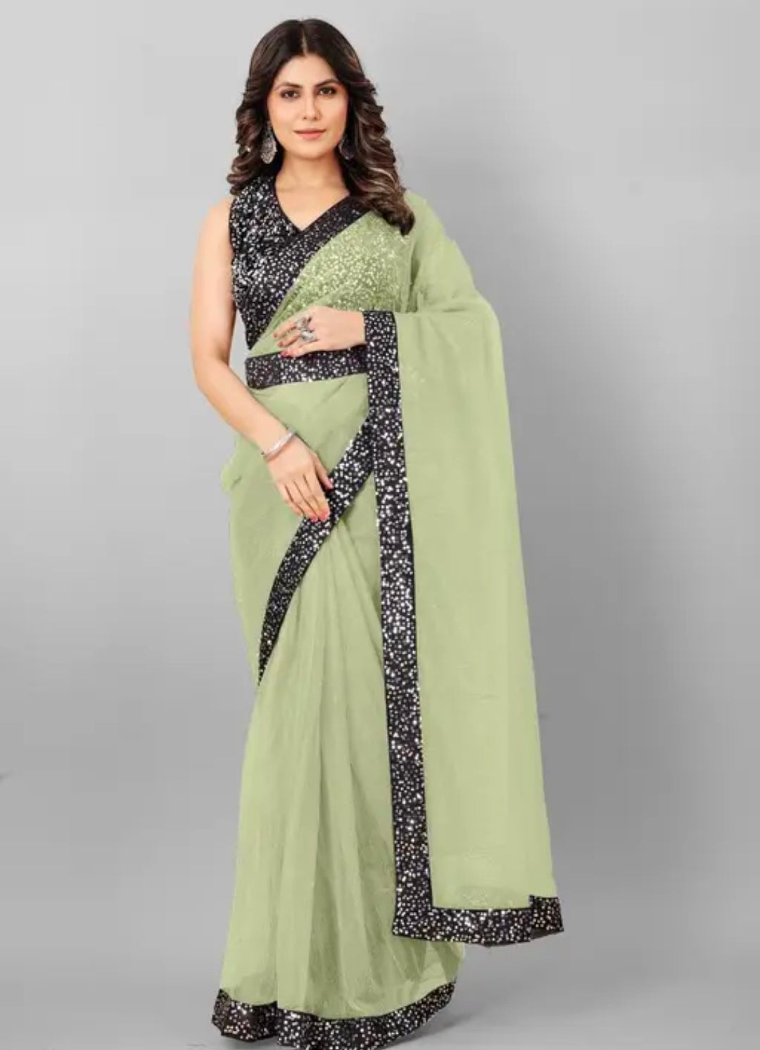 PLERIZA Women's Net Embroidered Sequence Work With Attractive belt sariii and Unstitched Blouse Piece