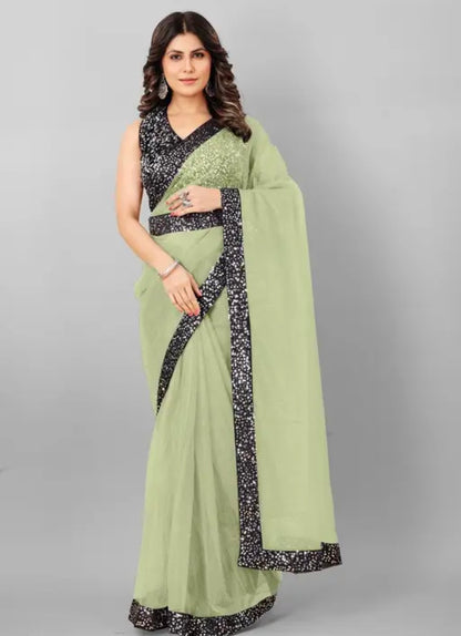 PLERIZA Women's Net Embroidered Sequence Work With Attractive belt sariii and Unstitched Blouse Piece
