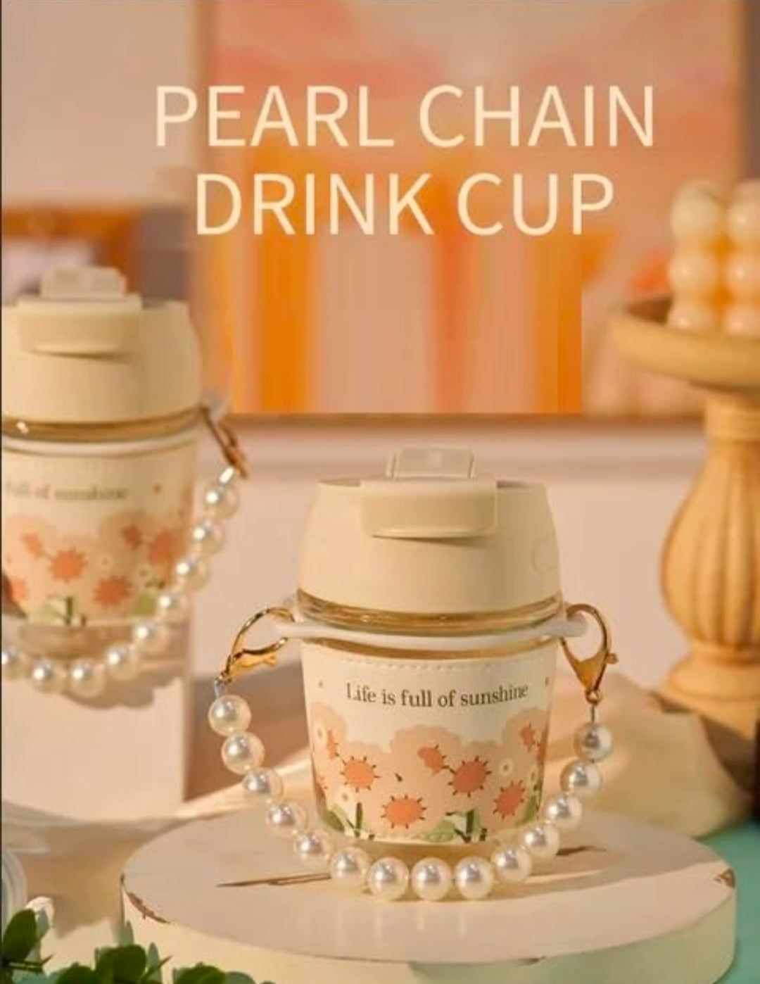 KELVEE Glass Coffee Tumbler with Lid and Straw Pack of 1, Milk Mug with Pearl Chain Belt & Leather Grip Reusable Travel Sipper Cute Mugs for Girls for Juice Smoothies iced Tea Cups, 350 Ml (Ivory)