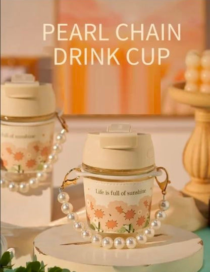 KELVEE Glass Coffee Tumbler with Lid and Straw Pack of 1, Milk Mug with Pearl Chain Belt & Leather Grip Reusable Travel Sipper Cute Mugs for Girls for Juice Smoothies iced Tea Cups, 350 Ml (Ivory)