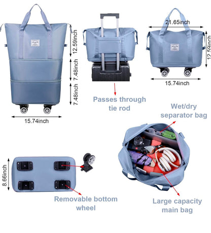 Nylon 61 Cm Travel Duffle Bag With Wheels Expandable Foldable Bag For Travel Waterproof With Rolling Detachable Wheels