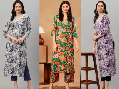 Women's cotton partywear kurti with pant set ( pack of 3 )
