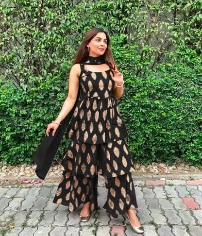 Women's Beautiful Traditional Rayon Printed Kurta Sharara And Net Dupatta Set